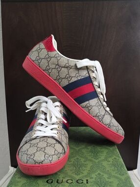 Gucci Beige Monogram Sneakers with Red and Navy Stripe